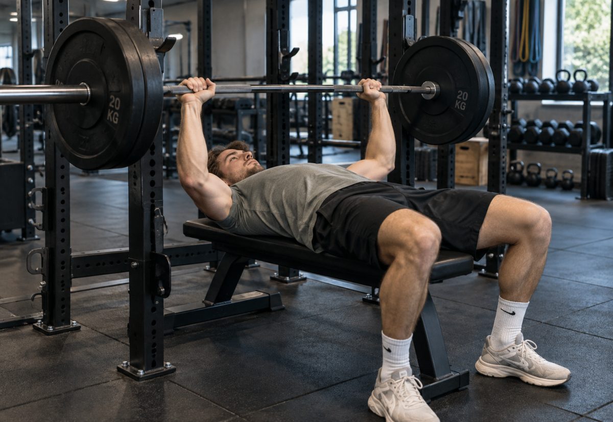 Een sporter doet bankdrukken met een barbell in een rack in de gym
