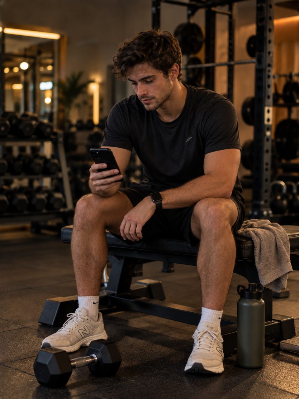 Een sporter zit tussen twee sets op een bank in de gym en kijkt op zijn telefoon, met een smartwatch om zijn pols