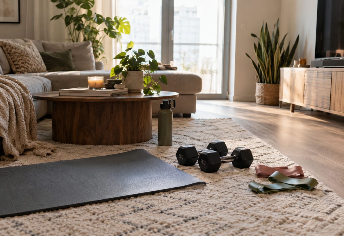 Een yogamat, twee dumbbells van 5 kg en elastieken op een tapijt in een zonnige woonkamer