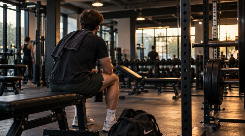 Een sporter rust tussen twee sets op een bank in de gym, met een handdoek over zijn schouder