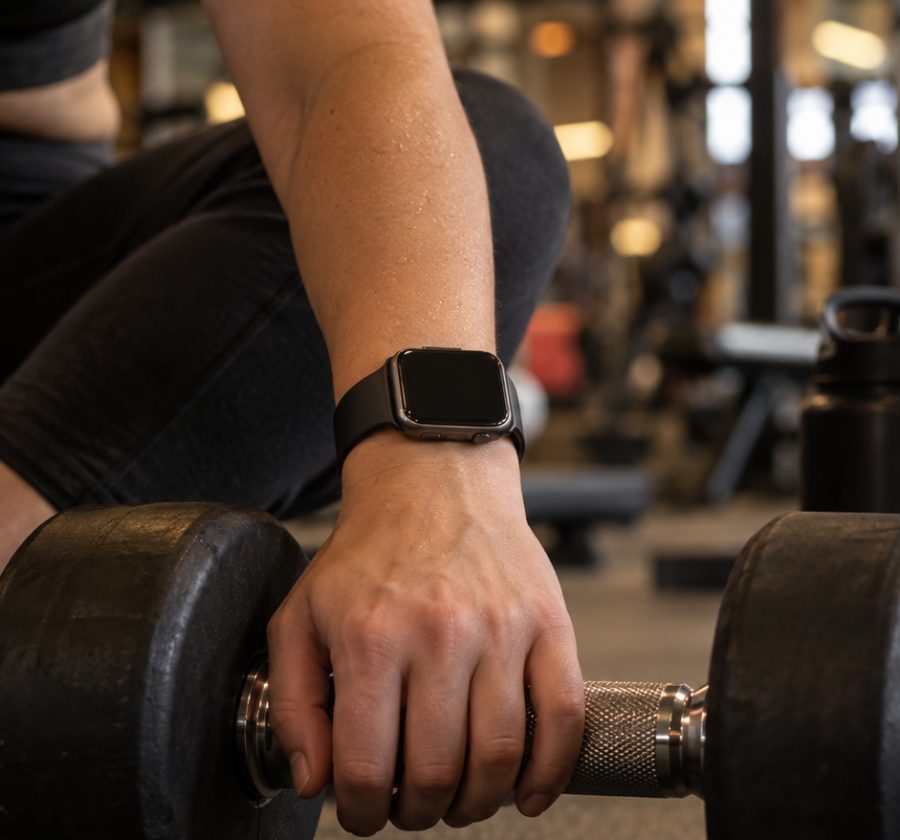 Een hand aan een dumbbell tijdens de rust, met een smartwatch om de pols